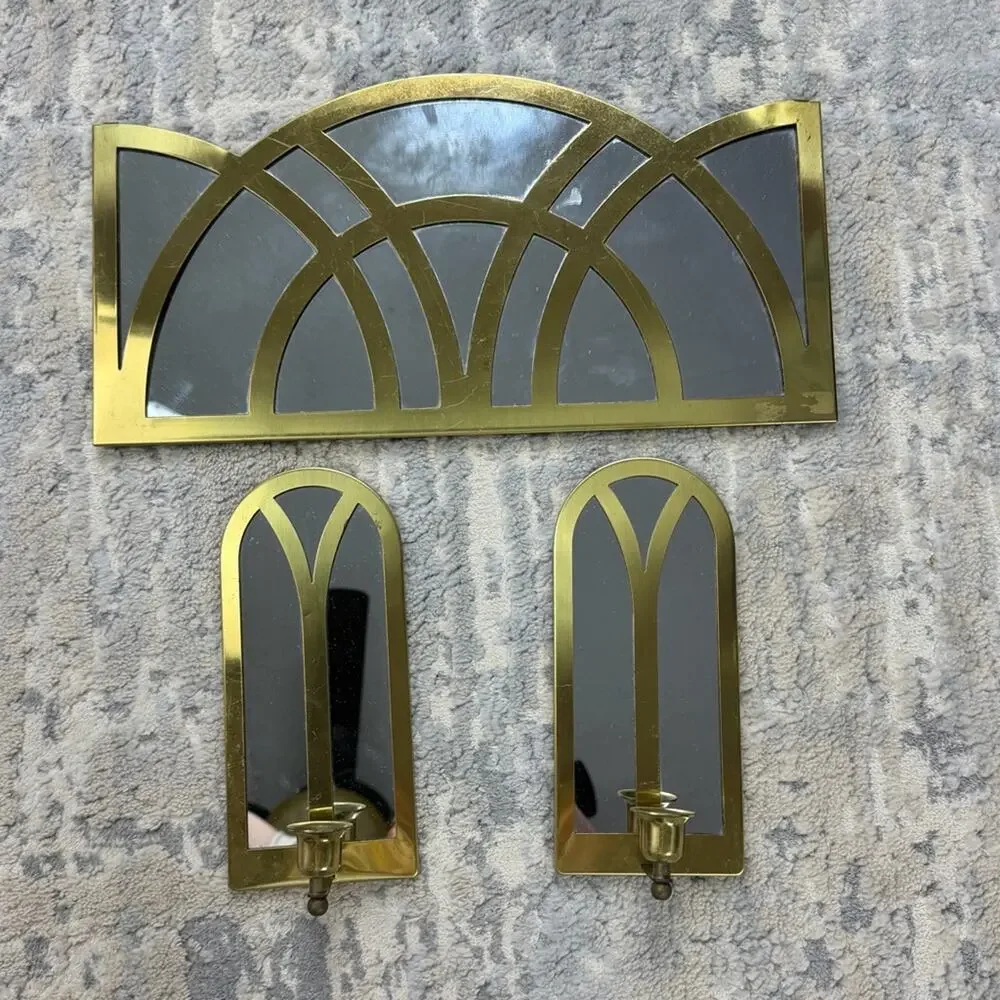 Vintage Gold Tone Mirror & Candle Wall Sconces 3-Piece Regency Set
